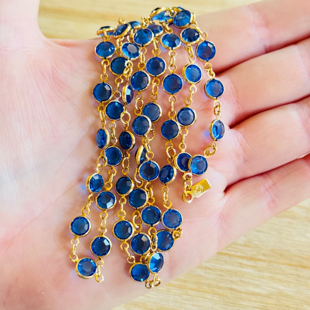 VTG Swarovski Open Back Bezel Austrian Blue Crystal Necklace Gold Plated 32"